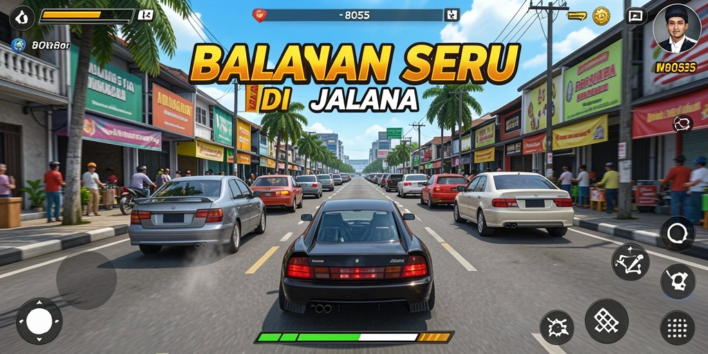 Screenshot gameplay 8055 menunjukkan mobil berkecepatan tinggi di lintasan balapan.