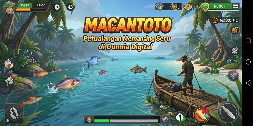 Screenshot gameplay MACANTOTO dengan pemandangan memukau saat memancing.