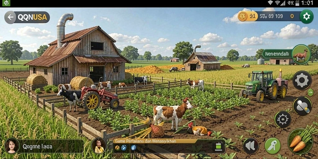Tangkapan layar utama QQNUSA menampilkan gameplay pertanian yang menarik.