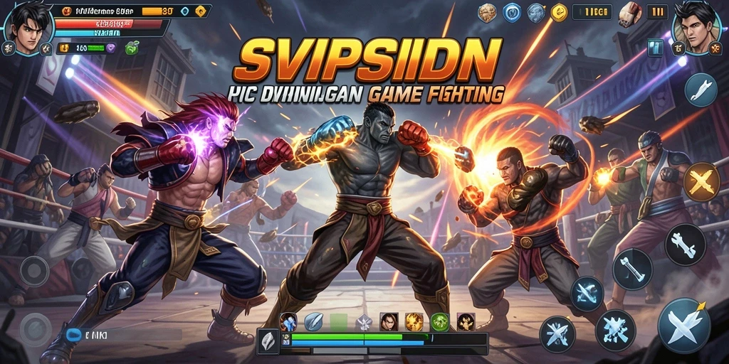 Tampilan gameplay SVIPSIDN dengan karakter bertarung di arena.