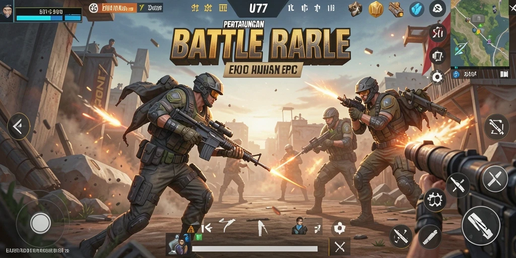 Screenshot utama UT77 menampilkan aksi intens dalam pertempuran Battle Royale.
